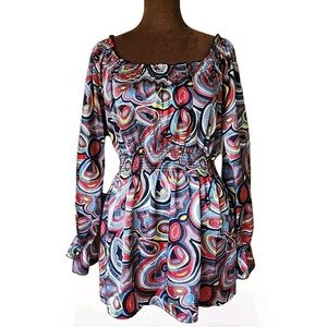 Vintage Blouse Y2K Psychedelic Print Peasant Size‎ M Satin Retro Boho Top Artsy